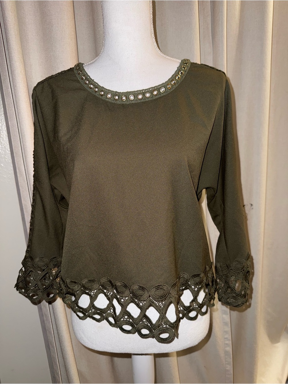 Aeropostale Olive Eyelet Neckline Top with Crochet Hem